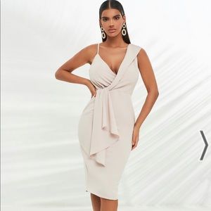 Lavish Alice Folded Lapel Wrap Midi Dress in Stone